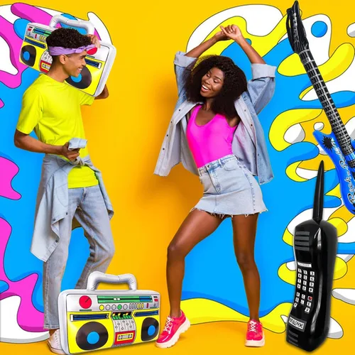 Miniatura 4 de Juego de 8 juguetes inflables de guitarra inflable para teléfono móvil retro Boombox, accesorios inflables para decoraciones de fiesta de los años