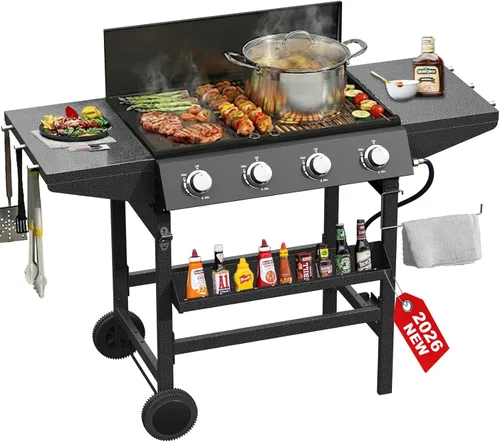 Miniatura 13 de Parrilla de Barbacoa de Gas Propano 2 en 1 con Quemador Lateral y Rejilla de Hierro Fundido Esmaltada en Porcelana, Plancha Plana de 4 Quemadores
