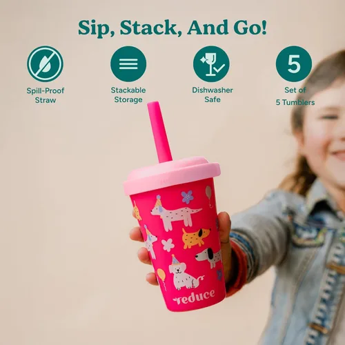 Miniatura 2 de REDUCE GoGo's - Vasos Tumbler portátiles para niños con tapas y popotes a prueba de derrames, paquete de 5 vasos apilables de 12 onzas con tapas