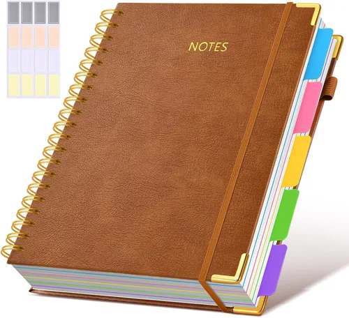 Miniatura 9 de Cuaderno universitario de espiral con tapa dura de cuero de 8 x 10 pulgadas, con pestañas separadoras extraíbles, para 5 materias, a rayas; diario