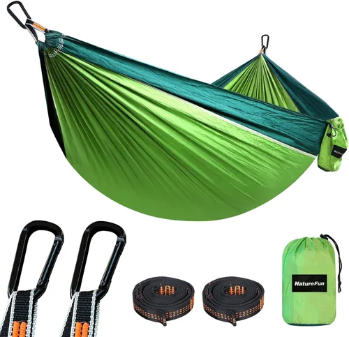 NATUREFUN Hamaca ultraligera para viajes y camping | Capacidad de carga de 300 kg, transpirable, de secado rápido | Incluye 2 mosquetones premium, 2