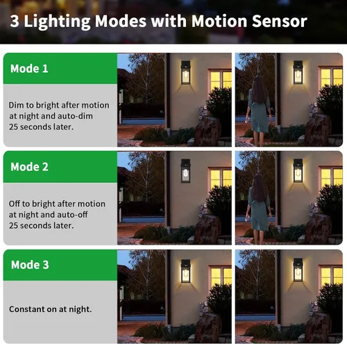 Miniatura 3 de Auzev Lámparas solares de pared para exteriores, farol solar exterior con panel transparente, sensor de movimiento, 3 modos de iluminación, aplique