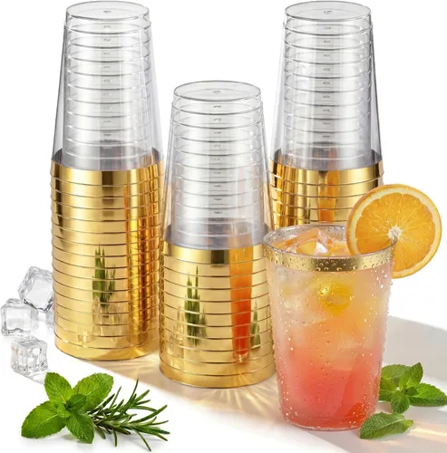 Miniatura 11 de Nervure 120 vasos de plástico con purpurina dorada, vasos de plástico resistentes de 9 onzas, vasos desechables dorados para bodas, Acción