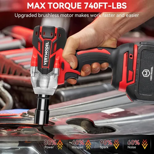 Miniatura 4 de Llave de impacto inalámbrica, 1000N.m (740 pies-libras) de alto par sin escobillas de 1/2 pulgada, pistola de impacto de 2x 4.0Ah, 6000 RPM (3 en 1)
