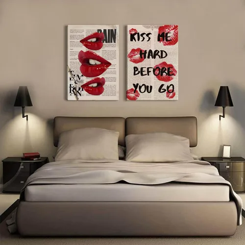 Miniatura 2 de 2 piezas de lienzo enmarcado, arte de pared, decoración de pared de moda preparada, pósteres de labios rojos funky, impresiones de cuadros