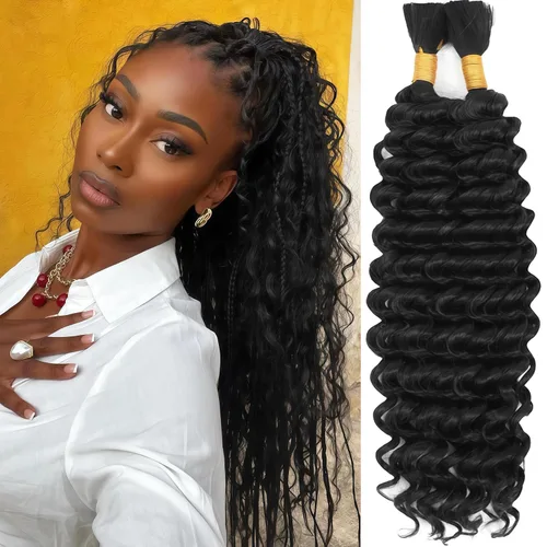 Miniatura 46 de Mezcla de cabello humano trenzado sintético bohemio para trenzar, 16 pulgadas de onda profunda a granel para trenzas bohemias, 2 piezas de cabello 1b