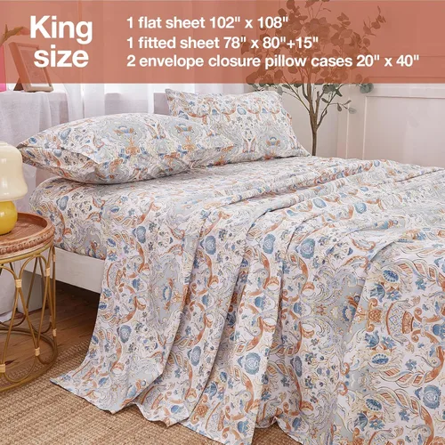 Miniatura 2 de JSD Juego de sábanas con estampado Paisley vintage, tamaño King, 4 piezas, sábanas de microfibra con patrón suave, bolsillo extra profundo Cachemira