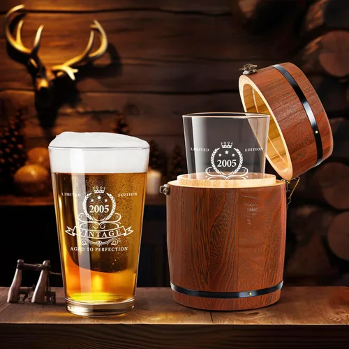 Miniatura 4 de LIGHTEN LIFE Regalos de 21 cumpleaños para él, 16 onzas, vaso de cerveza 2005 en caja de barril, regalos de vidrio de cerveza de 21 cumpleaños, vaso