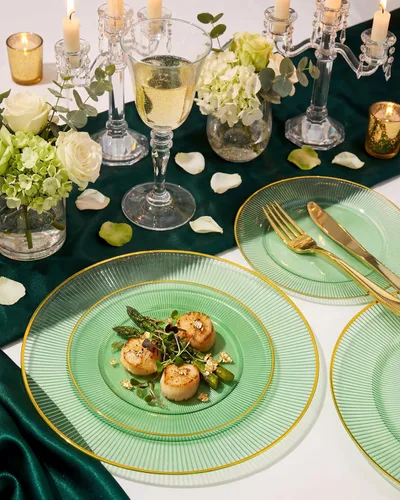 Miniatura 6 de Hioasis 60 platos de plástico verde y dorado, juego de vajilla desechable verde, 30 piezas de cena de 10.25 pulgadas y 30 platos de postre de 7.5