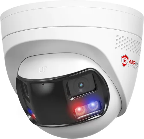 Anpviz Cámara IP PoE de doble lente con cable de 4k 8MP, cámara de seguridad panorámica de 180° para exteriores con luz estroboscópica roja y azul y