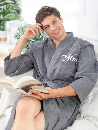 Miniatura 4 de AW BRIDAL 2Pcs Couple's Cotton Waffle Knit Robes Embroidered Lightweight Spa Robes Dressing Gown Bridal Robes for Men Women