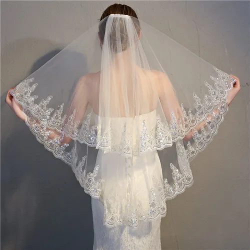 JWICOS Elegante velo de novia de encaje para novias de 2 niveles, velo de novia de cristal con peine para despedida de soltera, boda, despedida de