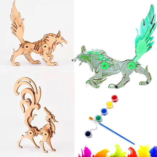 Miniatura 7 de Rompecabezas de animales de madera 3D, kit de manualidades de montaje para adultos, adorno hecho a mano pintable, decoración creativa para el hogar