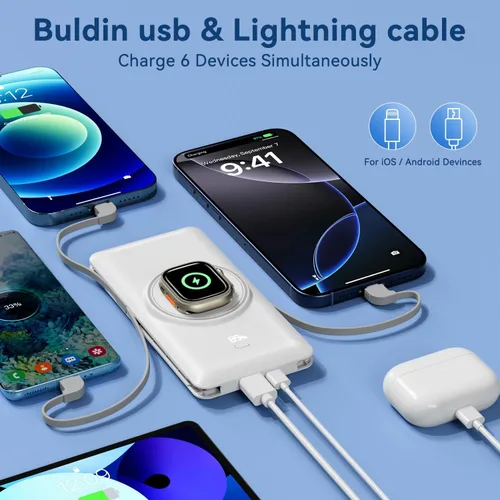 Miniatura 6 de Cargador portátil magnético de 10000 mAh para iWatch e iPhone, banco de energía inalámbrico de carga rápida USB C de 22.5W con cables integrados