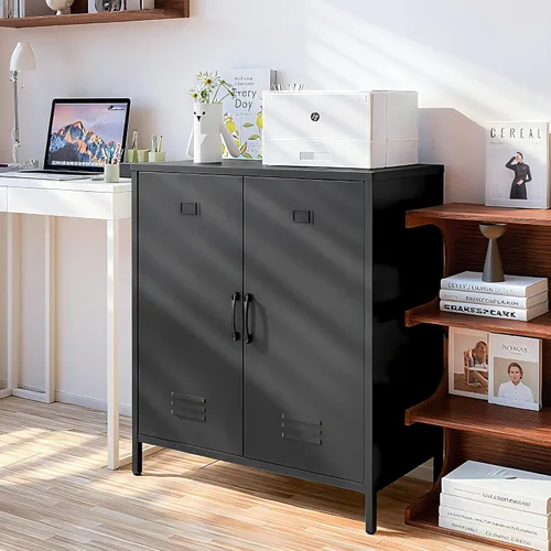 Miniatura 5 de Armario de almacenamiento de metal con puertas y estante, gabinetes de almacenamiento para oficina, aparador para oficina, sala de estar, comedor