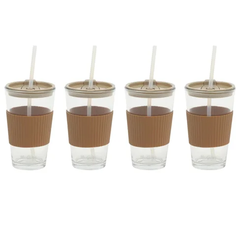 Mr. Coffee Sip Savvy - Paquete de 4 vasos de vidrio marrón latte de 15 onzas con tapas y pajillas, reutilizables para café helado, aptos para Latte