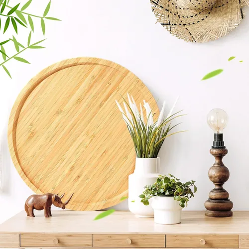 Miniatura 6 de Meanplan 3 bandejas redondas de bambú a granel para charcutería, bandejas redondas de madera de bambú con borde, plato de verduras de madera pulida