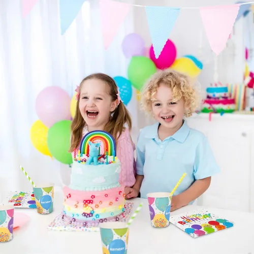 Miniatura 5 de Suministros de fiesta de cumpleaños, platos de papel desechables, servilletas, tazas para decoración de fiesta de cumpleaños de niños, sirve 16