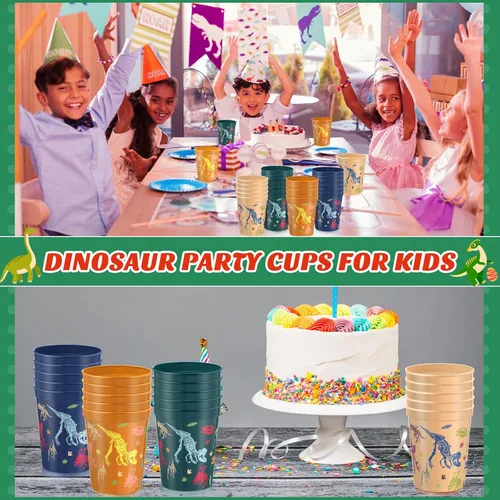Miniatura 6 de Nuanchu Paquete de 24 vasos de plástico para fiesta de dinosaurios, suministros de cumpleaños, vaso de dinosaurio reutilizable para decoración
