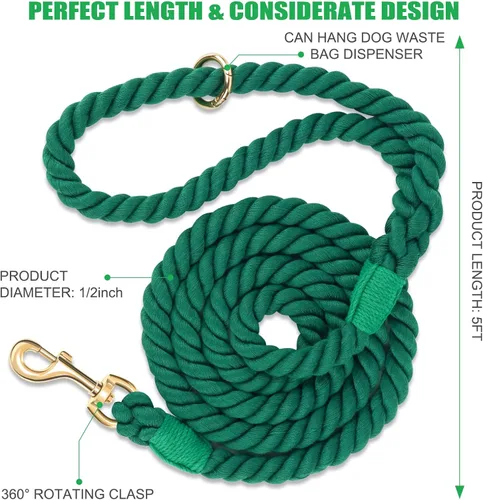 Miniatura 2 de Correa para Perro de 5 Pies Hecha a Mano de Cuerda de Algodón Trenzada para Perros Pequeños, Medianos y Grandes, Nuevo Cierre de Metal Dorado Verde