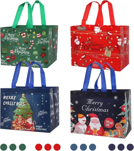 Miniatura 8 de YANGTE - Paquete de 12 bolsas grandes de regalo de Navidad reutilizables, con asa, bolsa de Navidad de tela no tejida para fiestas y eventos