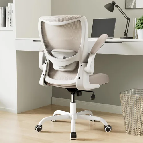 Miniatura 11 de MUXX.STIL Silla de oficina, silla de escritorio ergonómica de piel sintética con soporte lumbar ajustable y reposabrazos abatible, silla de Crema