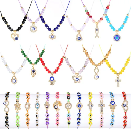 Tacobear 24Pcs Evil Eye Bracelets Necklace Kit Women Teen Girl Jewelry Gift Bulk Adjustable String Crystal Alloy Handmade Braided Friendship