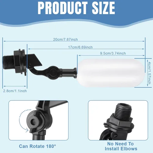 Miniatura 4 de Blulu Paquete de 3 válvulas de flotador, válvula de bola de flotador automática de 1/2 pulgada con brazo ajustable para estanques, canal de agua
