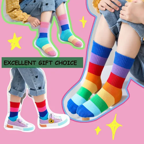 Miniatura 7 de Calcetines de algodón sin costuras para niñas, calcetines casuales para la escuela, con rayas arco iris, paquete de 5