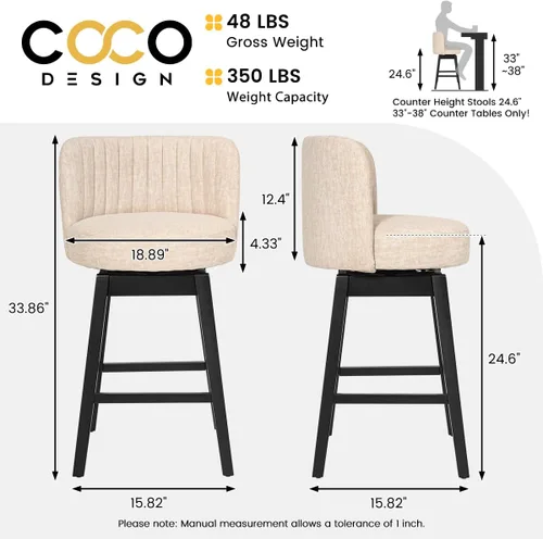 Miniatura 2 de COCO DESIGN - Juego de 2 taburetes de bar giratorios, 24" de altura del asiento, taburetes de bar de estilo moderno de mediados de siglo