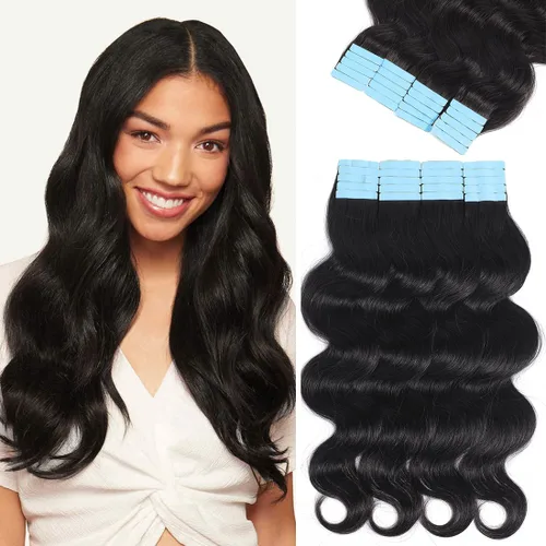 Miniatura 11 de Urbeauty 40 extensiones de cabello con cinta adhesiva, negro, ondulado, invisible, 100% cabello humano real, 3.53 oz/paquete, color negro natural