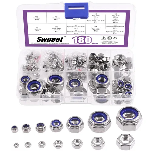Miniatura 14 de Swpeet Kit de surtido de 150 piezas de tuercas hexagonales de bloqueo de acero inoxidable SAE 304 de 1/4"-20 y arandelas planas de 1/4