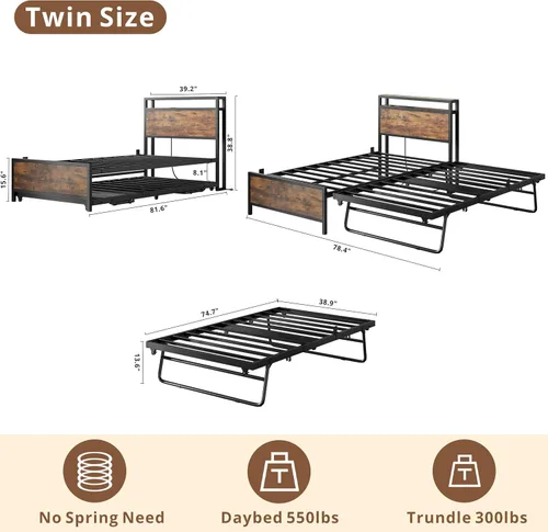 Miniatura 2 de IRONCK Sofá cama individual con nido, marco de cama de metal resistente con cabecera de almacenamiento y estación de carga, cama nido desplegable
