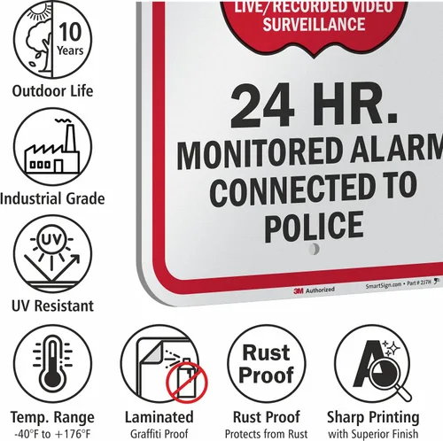 Miniatura 7 de SmartSign Letrero de metal con texto en inglés "Warning Area Under Live/Recorded Surveillance, Alarm Connected to Police", aluminio de 63 mil
