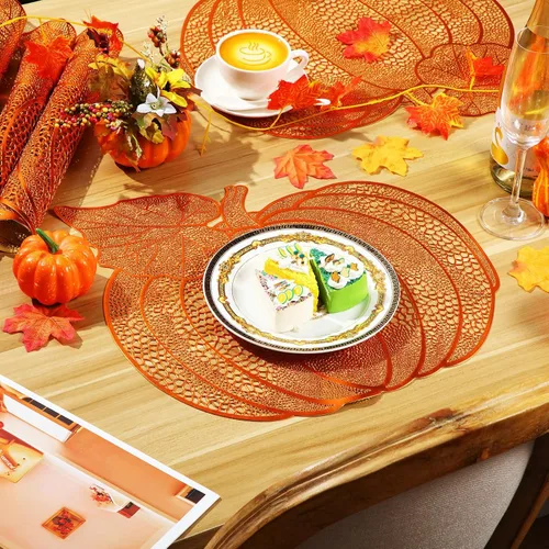 Miniatura 4 de Sliner Paquete de 12 manteles individuales de calabaza de Acción de Gracias de 17 x 16 pulgadas, de vinilo metálico prensado para otoño, decoración