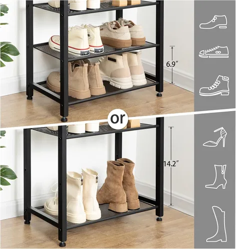 Miniatura 4 de HOOBRO Zapatero de 8 niveles, almacenamiento de zapatos de gran capacidad para 14 a 16 pares, estante de zapatos de metal resistente para entrada