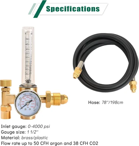 Miniatura 2 de ATPEAM Regulador de argón de CO2 Soldador TIG Soldadura MIG Caudalímetro de CO2 10 a 50 CFH - Medidor de presión de 0 a 4000 psi con manguera de 6.5