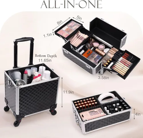 Miniatura 2 de estuche profesional 3 en 1 para maquillaje rodante, estuche de tren de aluminio con ruedas de rotación 360° para artista de maquillaje, maleta