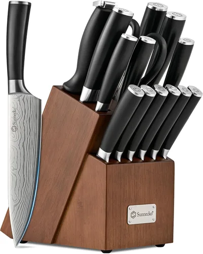 Sunnecko Juego de cuchillos con bloque y afilador, juego de bloque de cuchillos de cocina de 15 piezas, cuchillos de cocina afilados, acero Negro