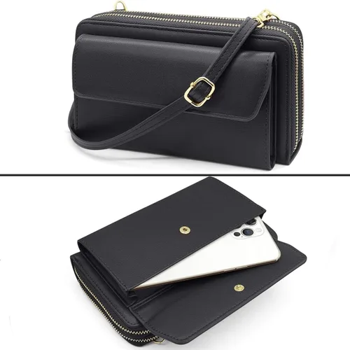 Miniatura 6 de Cartera de cuero para mujer con doble cremallera y correa para el hombro