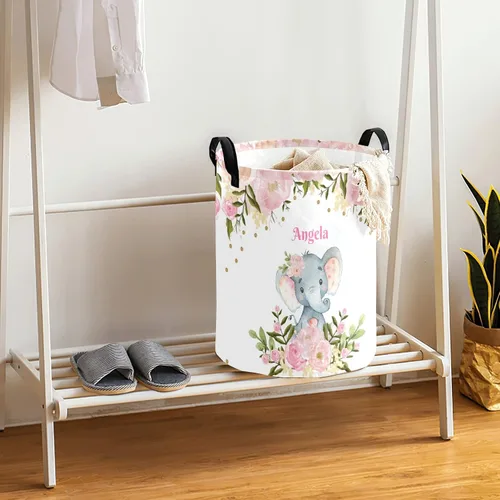 Miniatura 3 de Cestas de lavandería personalizadas de elefante floral rosa con nombre, cesta de almacenamiento de ropa plegable con asa para baño, dormitorio