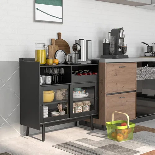 Miniatura 2 de Giantex Aparador de buffet, moderno armario de almacenamiento de barra de café con 2 puertas correderas de vidrio templado, estante para vino para 4