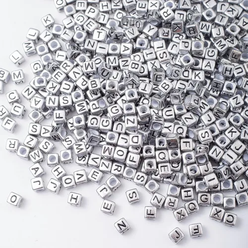 ToBeIT 1000 cuentas de cubo de color negro del alfabeto, plateadas, metálicas, cuentas de letras cuadradas retro plateadas, cuentas del alfabeto