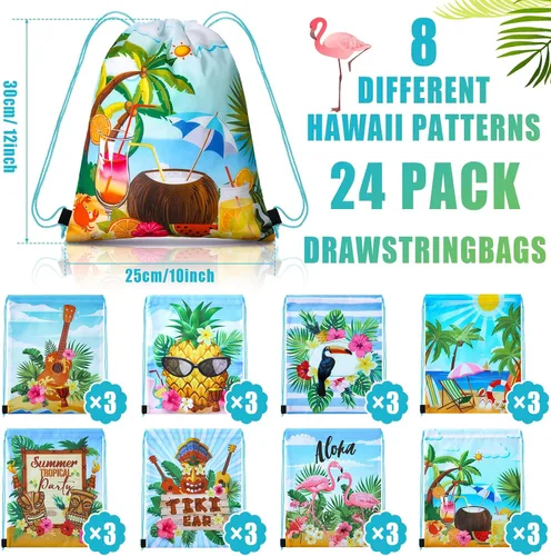 Miniatura 2 de Frienda 24 bolsas hawaianas para recuerdos de fiesta hawaiana Aloha con cordón, mochila tropical de flamenco, bolsas de regalo para cumpleaños