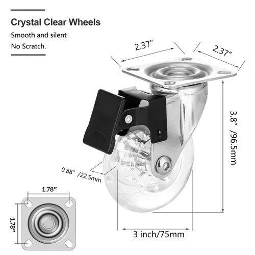 Miniatura 2 de Juego de 4 ruedas giratorias para muebles, ruedas giratorias de poliuretano transparente de 2 pulgadas resistentes de 500 libras con placa de 360