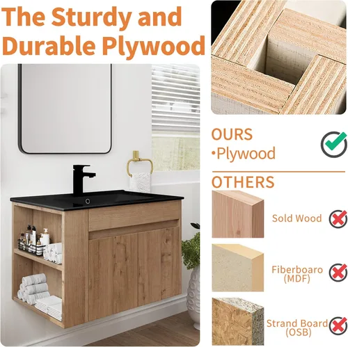 Miniatura 6 de Tocador de baño de 30 pulgadas con fregadero, moderno combo montado en la pared con lavabo de cerámica blanca y estante abierto ajustable, grifo