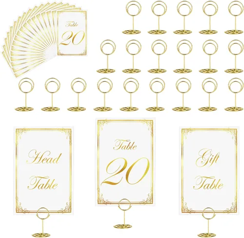 Miniatura 14 de JOYIT 21 juegos de tarjetas de mesa de boda del 1 al 20 y de la mesa principal con 21 soportes de números de mesas, tarjetas de números de oro negro