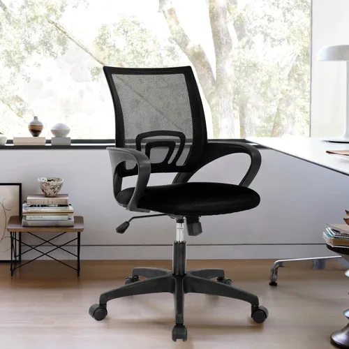 Miniatura 18 de Silla de oficina de malla, silla de escritorio con respaldo medio, silla de oficina ergonómica con ruedas y soporte lumbar, sillas de oficina Negro