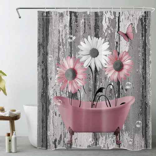 Miniatura 15 de HVEST Cortina de ducha geométrica rosa con ganchos, cortina de ducha moderna geométrica abstracta gris y blanco para baño, 72 x 72 pulgadas, juego