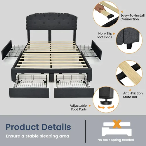 Miniatura 6 de Giantex Base de cama tapizada, cama de tamaño matrimonial con 4 cajones de almacenamiento y cabecera ajustable con botones, soporte de listones